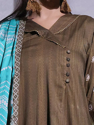 2Pc Printed Pret Shirt Dupatta Linen Brown - OWL2P-2209019