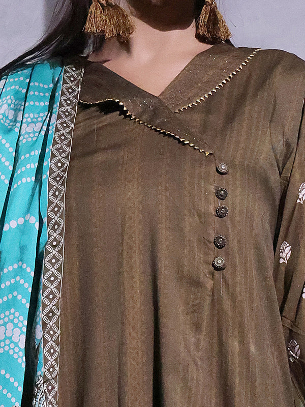 2Pc Printed Pret Shirt Dupatta Linen Brown - OWL2P-2209019