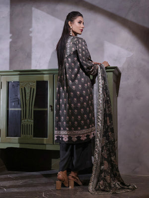 2Pc Printed Pret Shirt Dupatta Linen Charcoal - OWL2P-2209021