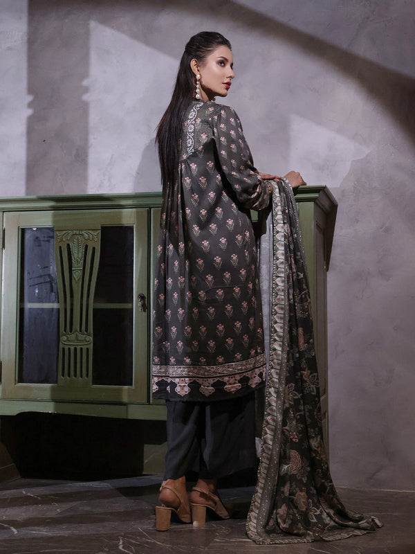 2Pc Printed Pret Shirt Dupatta Linen Charcoal - OWL2P-2209021