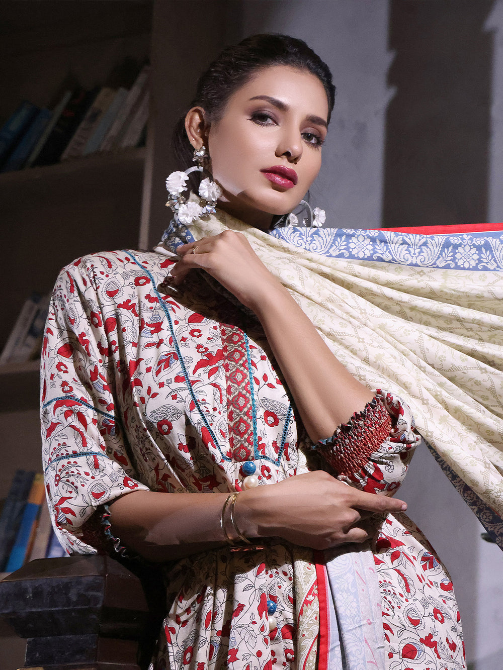 2Pc Printed Pret Shirt Dupatta Linen Off White & Red - OWL2P-2209022