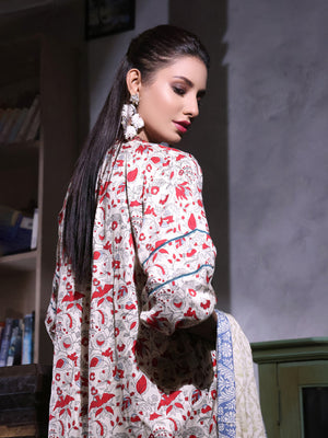 2Pc Printed Pret Shirt Dupatta Linen Off White & Red - OWL2P-2209022