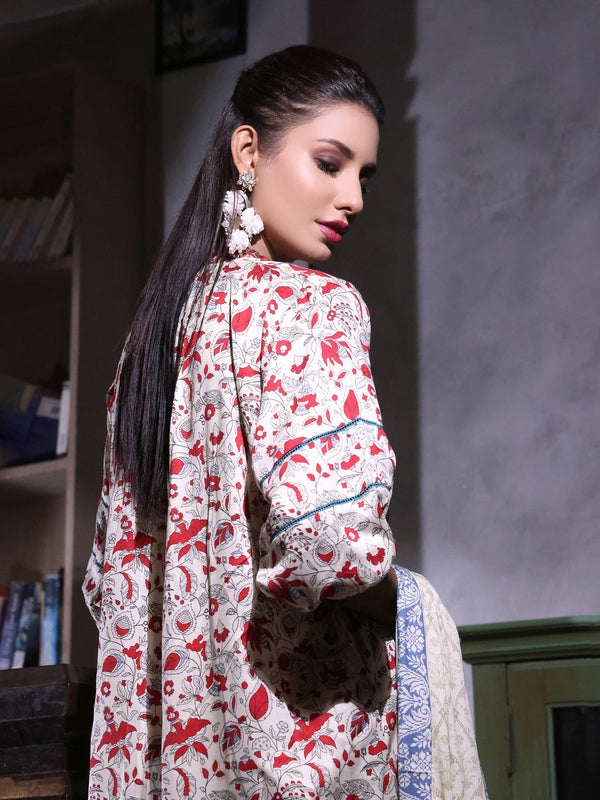 2Pc Printed Pret Shirt Dupatta Linen Off White & Red - OWL2P-2209022