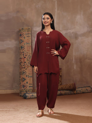 2Pc Dyed Pret Shirt Trouser Linen Maroon