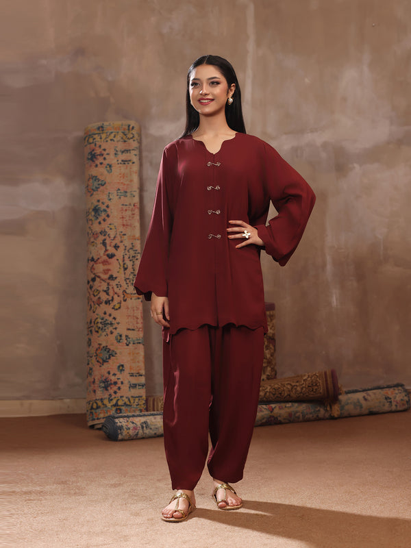 2Pc Dyed Pret Shirt Trouser Linen Maroon
