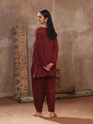 2Pc Dyed Pret Shirt Trouser Linen Maroon