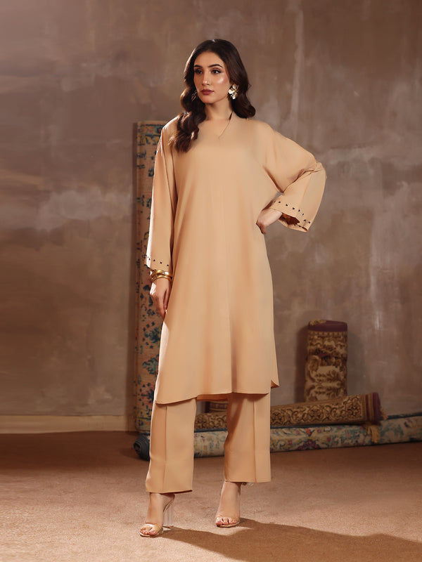 2Pc Dyed Pret Shirt Trouser Linen Beige