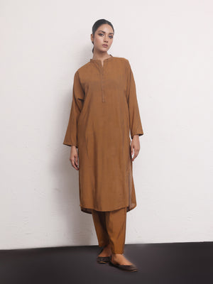 2Pc Solid Pret Shirt Trouser Yarn Dyed Brown - OW2PG-2306001