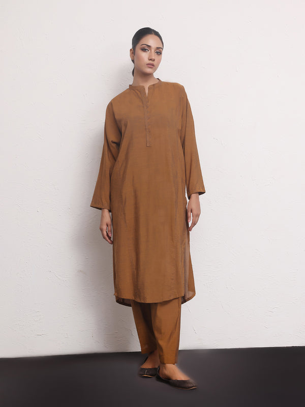 2Pc Solid Pret Shirt Trouser Yarn Dyed Brown - OW2PG-2306001