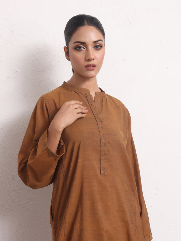 2Pc Solid Pret Shirt Trouser Yarn Dyed Brown - OW2PG-2306001