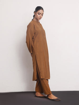 2Pc Solid Pret Shirt Trouser Yarn Dyed Brown - OW2PG-2306001