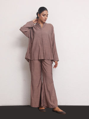 2Pc Solid Pret Shirt Trouser Yarn Dyed Brown - OW2PG-2306003