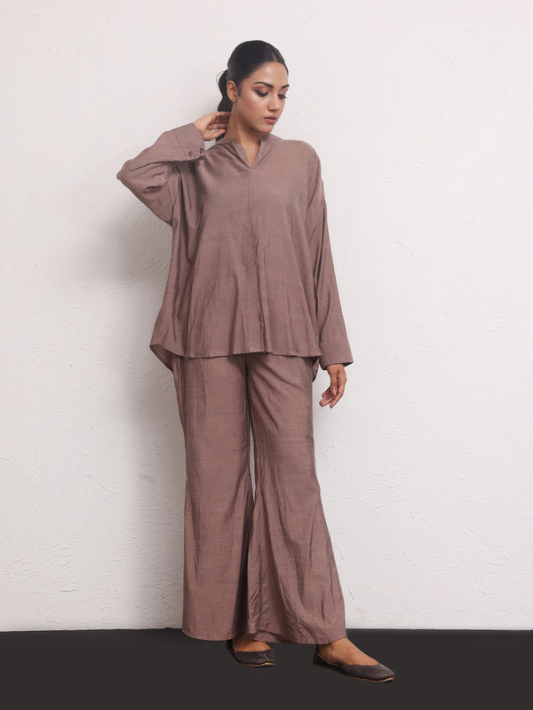 2Pc Solid Pret Shirt Trouser Yarn Dyed Brown - OW2PG-2306003