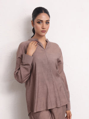 2Pc Solid Pret Shirt Trouser Yarn Dyed Brown - OW2PG-2306003
