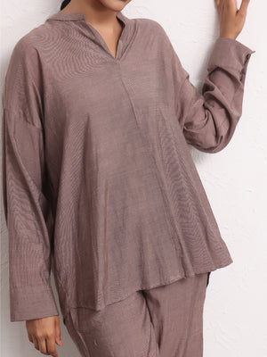 2Pc Solid Pret Shirt Trouser Yarn Dyed Brown - OW2PG-2306003