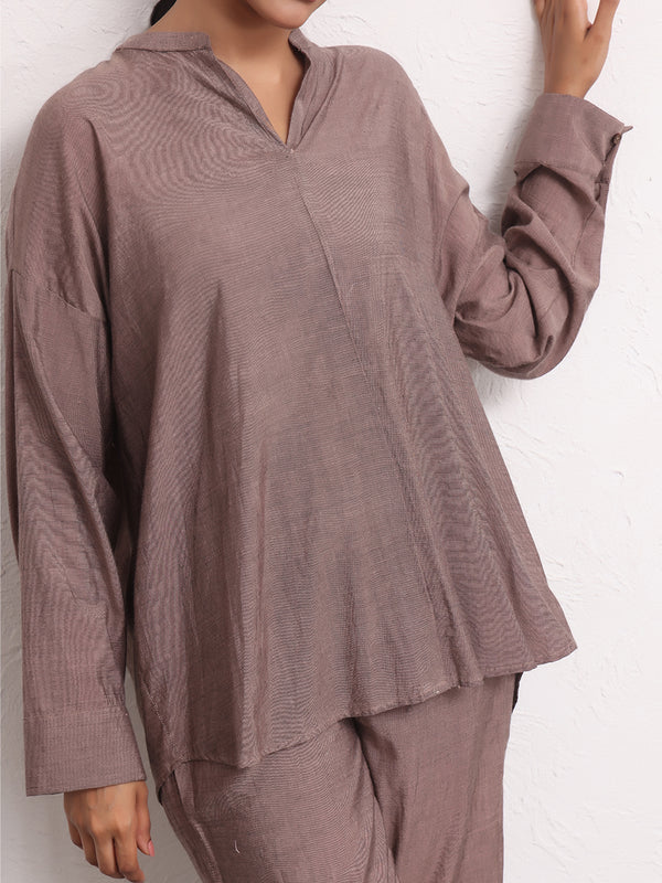 2Pc Solid Pret Shirt Trouser Yarn Dyed Brown - OW2PG-2306003