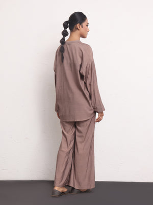 2Pc Solid Pret Shirt Trouser Yarn Dyed Brown - OW2PG-2306003