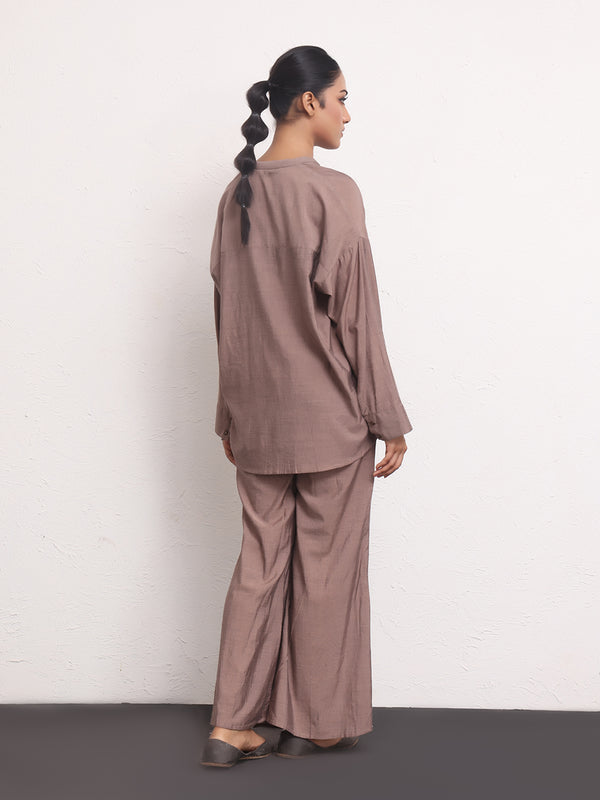 2Pc Solid Pret Shirt Trouser Yarn Dyed Brown - OW2PG-2306003