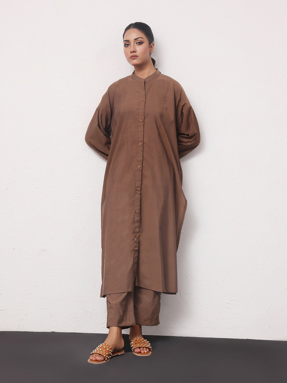 2Pc Solid Pret Shirt Trouser Yarn Dyed Brown - OW2PG-2306006-1