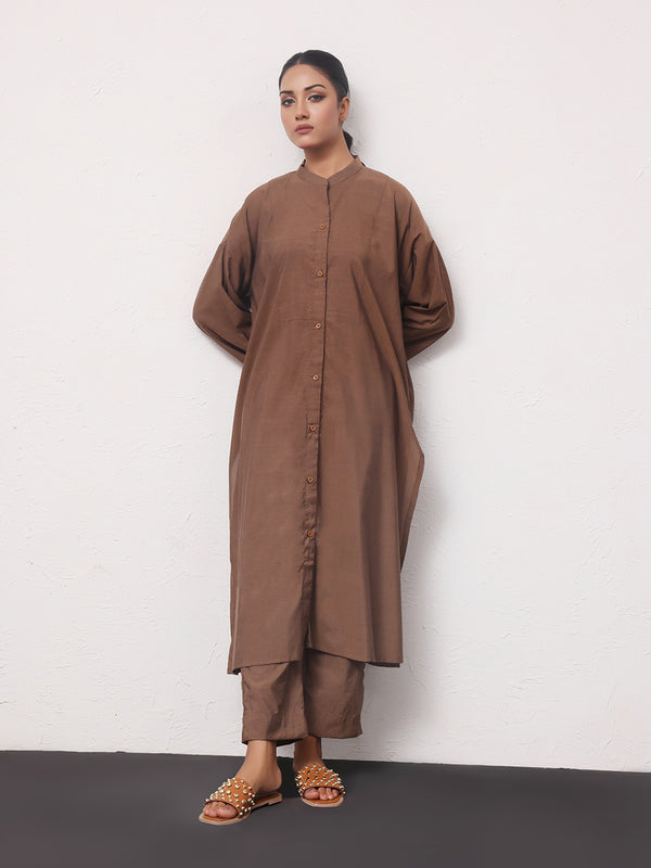 2Pc Solid Pret Shirt Trouser Yarn Dyed Brown - OW2PG-2306006-1