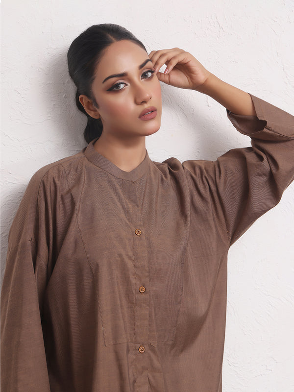 2Pc Solid Pret Shirt Trouser Yarn Dyed Brown - OW2PG-2306006-1