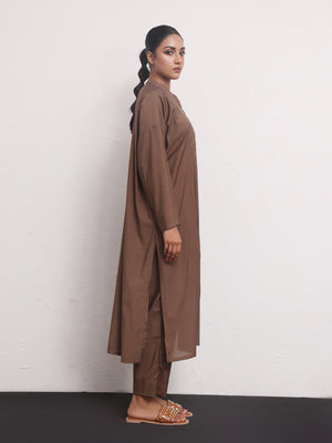 2Pc Solid Pret Shirt Trouser Yarn Dyed Brown - OW2PG-2306006-1
