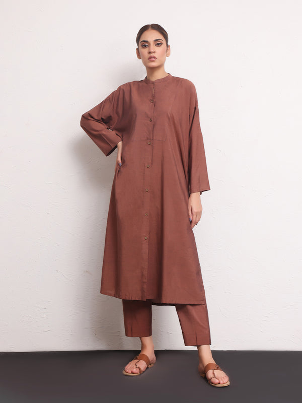 2Pc Solid Pret Shirt Trouser Yarn Dyed Brown - OW2PG-2306006