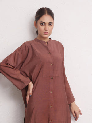2Pc Solid Pret Shirt Trouser Yarn Dyed Brown - OW2PG-2306006