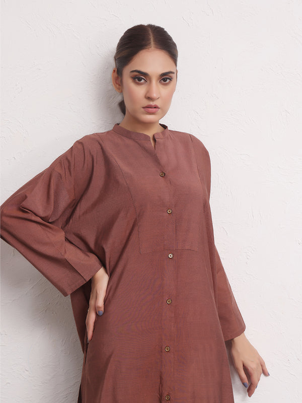 2Pc Solid Pret Shirt Trouser Yarn Dyed Brown - OW2PG-2306006