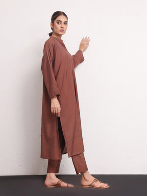 2Pc Solid Pret Shirt Trouser Yarn Dyed Brown - OW2PG-2306006