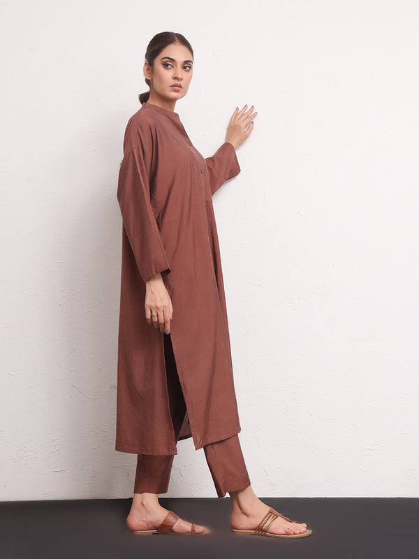 2Pc Solid Pret Shirt Trouser Yarn Dyed Brown - OW2PG-2306006