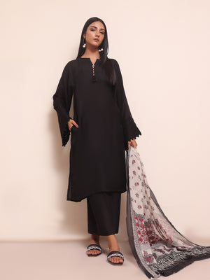 2Pc Solid Pret Shirt Dupatta Yarn Dyed Black - OW2PG-2309014