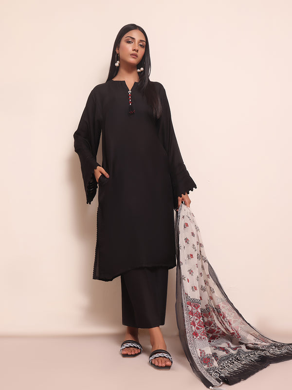 2Pc Solid Pret Shirt Dupatta Yarn Dyed Black - OW2PG-2309014