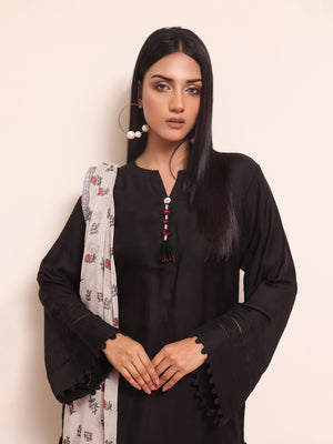 2Pc Solid Pret Shirt Dupatta Yarn Dyed Black - OW2PG-2309014