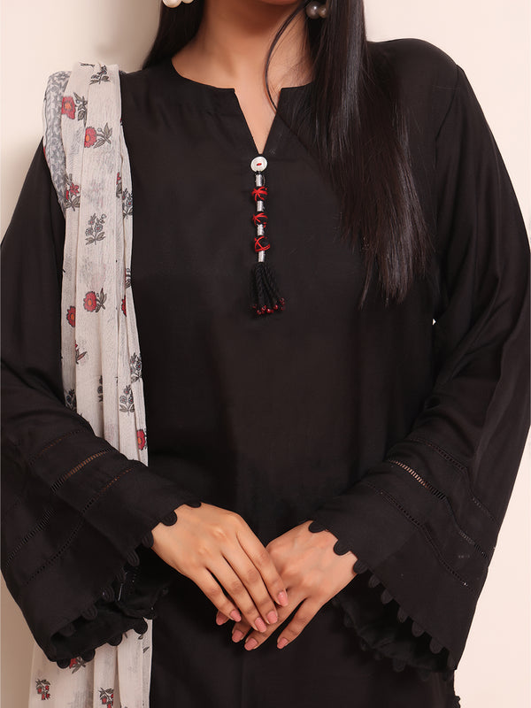 2Pc Solid Pret Shirt Dupatta Yarn Dyed Black - OW2PG-2309014