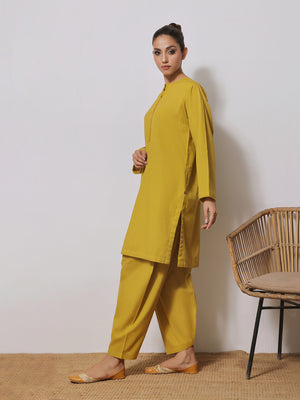 2Pc Solid Pret Shirt Trouser Yarn Dyed Mustard - OW2PG-2309017