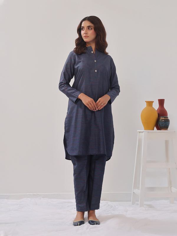 2PCs Solid Pret Shirt Trouser Yarn Dyed Light Blue - OW2PG-2406005