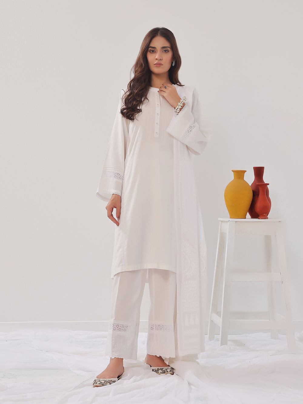 3Pc Solid Suit Pret Jacquard Off White - OW3PG-2405032