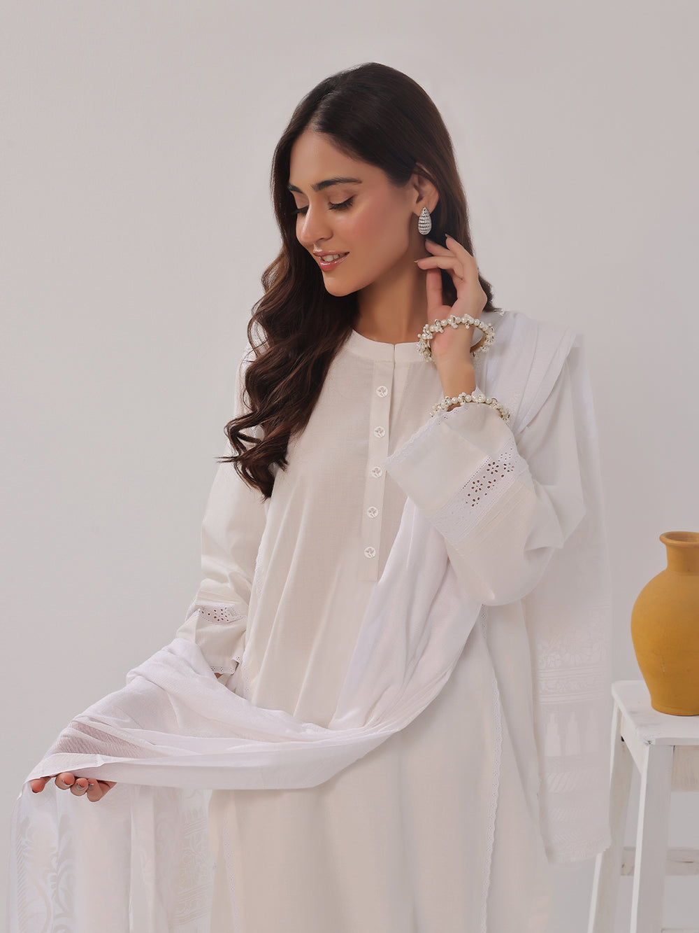 3Pc Solid Suit Pret Jacquard Off White - OW3PG-2405032