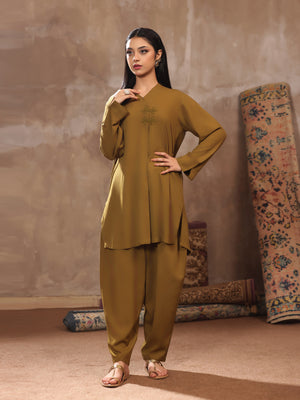 2Pc Dyed Pret Shirt Trouser Linen Mehndi