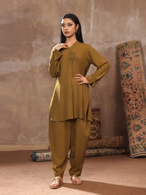 2Pc Dyed Pret Shirt Trouser Linen Mehndi
