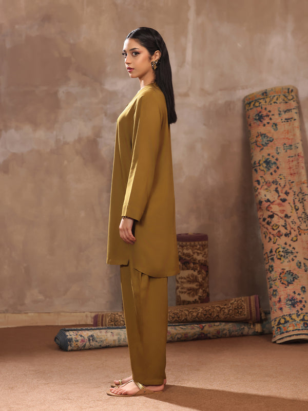 2Pc Dyed Pret Shirt Trouser Linen Mehndi