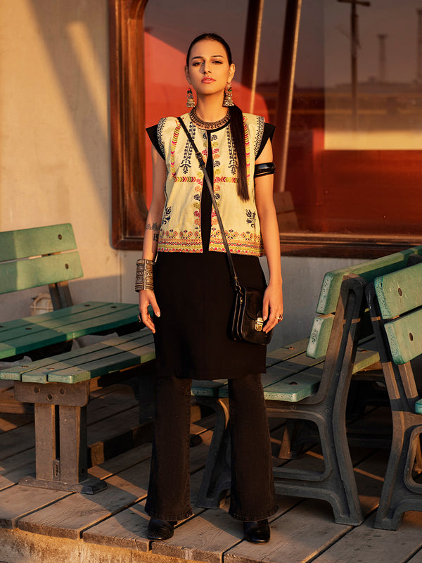 1Pc Embroidered Fusion Top Cotton Fawn & Hot Pink - OWEC-2012304