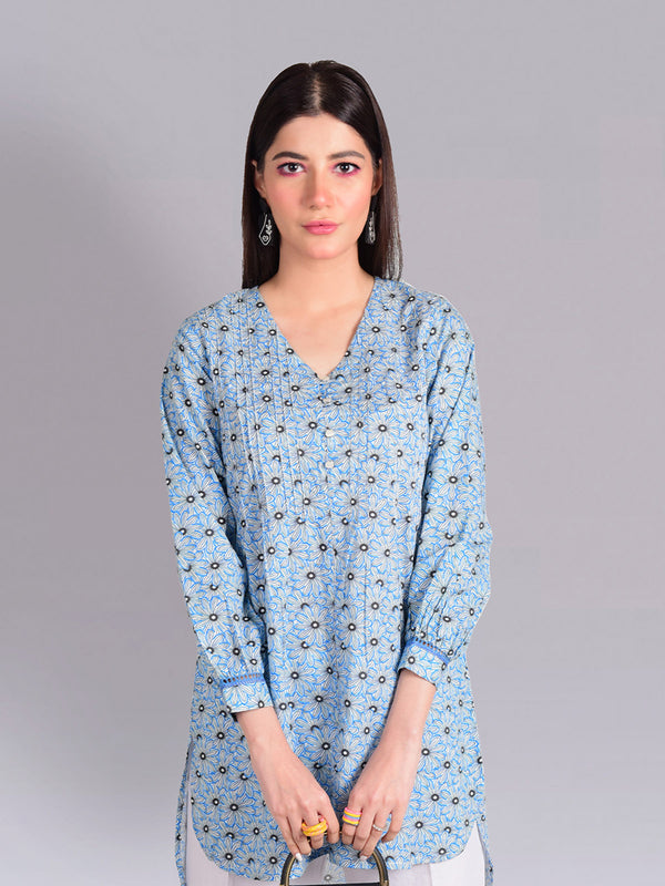 1Pc Printed Fusion Top Lawn White & Blue - OWTP-2302004