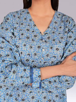 1Pc Printed Fusion Top Lawn White & Blue - OWTP-2302004