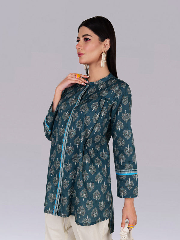 1Pc Printed Fusion Top Lawn Teal - OWTP-2302011