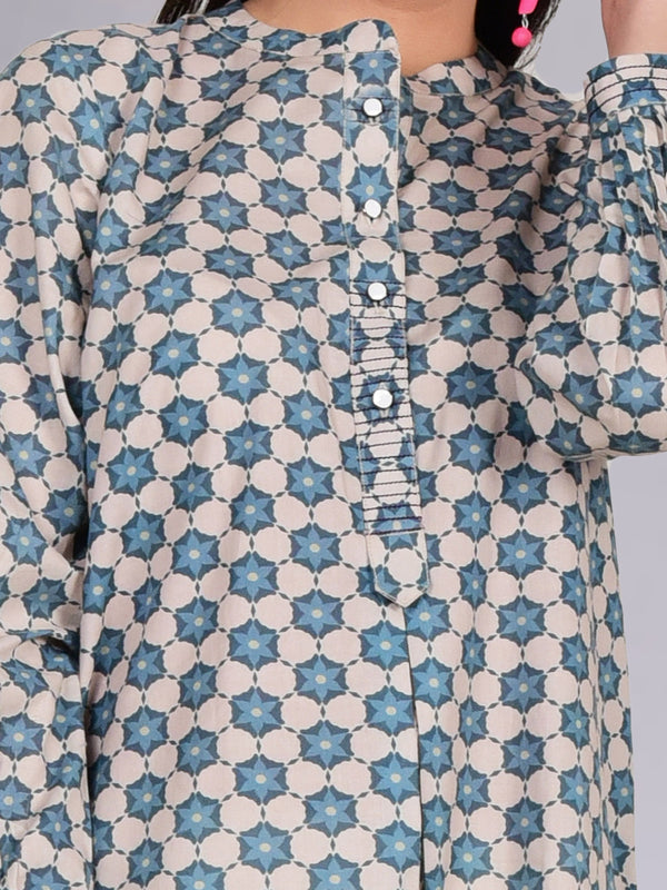 1Pc Printed Fusion Top Lawn Beige & Blue - OWTP-2302019