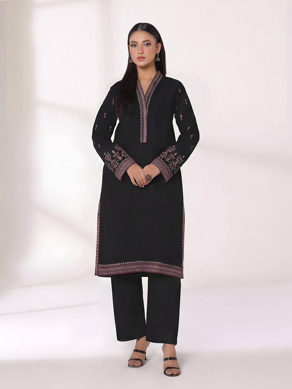 1Pc Embroidered Pret Kurti Dyed Khaddar Black - OWEKTG-25006-1
