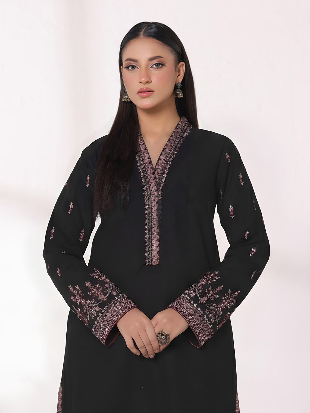 1Pc Embroidered Pret Kurti Dyed Khaddar Black - OWEKTG-25006-1