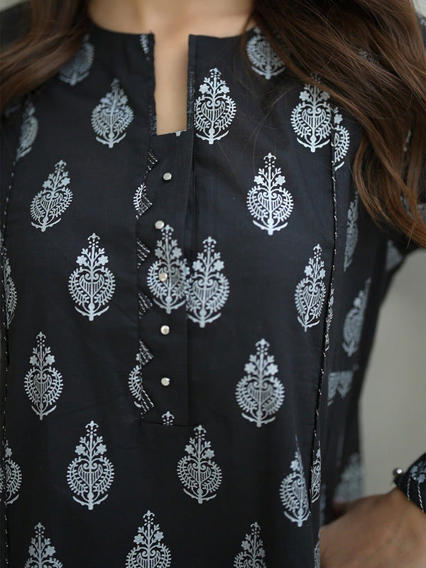 2Pc Screen Print Pret Shirt Trouser Cambric Black - OW2P-2508018